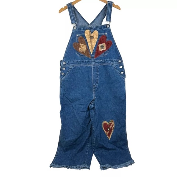 Scrap Work Country Clothing XL Denim Overalls Cropped Fringe Hearts RARE Cottage - Picture 1 of 14